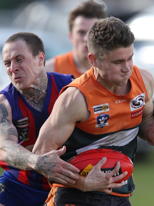 Football GDFL: Bell Post Hill v Geelong West.Bell Post Hill 6 Matthew James tackles Geelong West 20 Curtis Hoare Picture: Mark Wilson