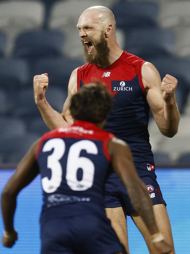 Max Gawn fulfils a boyhood dream, kicking the goal after the siren to seal the minor premiership. Picture: Getty