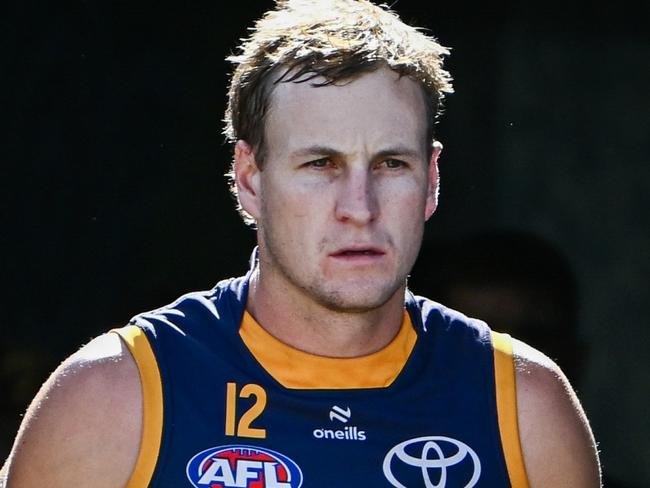 MT BARKER, AUSTRALIA - FEBRUARY 21: Jordan Dawson of the Crows leads his team out   during the AFL practice match between Adelaide Crows and Port Adelaide Power at Mt Barker Summit Sport and Recreation Ground on February 21, 2025 in Mt Barker, Australia. (Photo by Mark Brake/Getty Images)