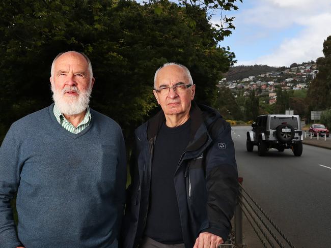 Tony Dell and Doctor Simon Wright  who are both concerned about the noise from the Southern Outlet coming into Hobart from Kingston and how the proposed expansion of the road will increase the noise.  Picture: Nikki Davis-Jones