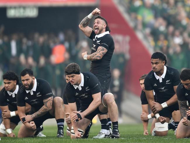 CAPE TOWN, SOUTH AFRICA - SEPTEMBER 07: New Zealand players perform the haka during the Castle Lager Rugby Championship match between South Africa and New Zealand at DHL Stadium on September 07, 2024 in Cape Town, South Africa. (Photo by Ashley Vlotman/Gallo Images/Getty Images)