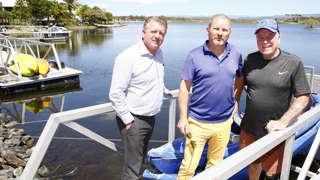 Keith Stuart, Igor Grabczyk and Brian McNicholas on one of the pontoons at the centre of the dispute. Picture: Tertius Pickard.