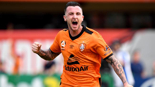 Brisbane Roar striker Roy O'Donovan celebrates scoring against Melbourne City at Dolphin Stadium. Picture: Getty Images