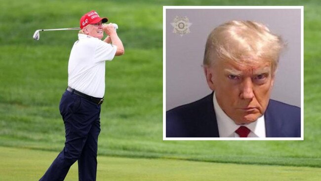 Donald Trump on the golf course and inset, his famous mugshot.