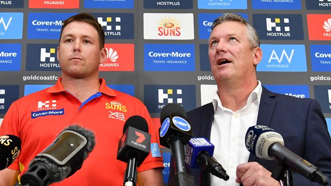 Gold Coast Suns coach Stuart Dew (left) and chief executive Mark Evans. Picture: AAP Image