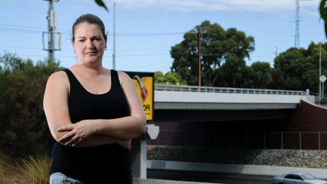 Heidi Wilkin suffers panic attacks when she drives under the Honeypot Rd bridge. She is disappointed no CCTV cameras have been installed on the Southern Expressway as promised. Picture: AAP/Morgan Sette