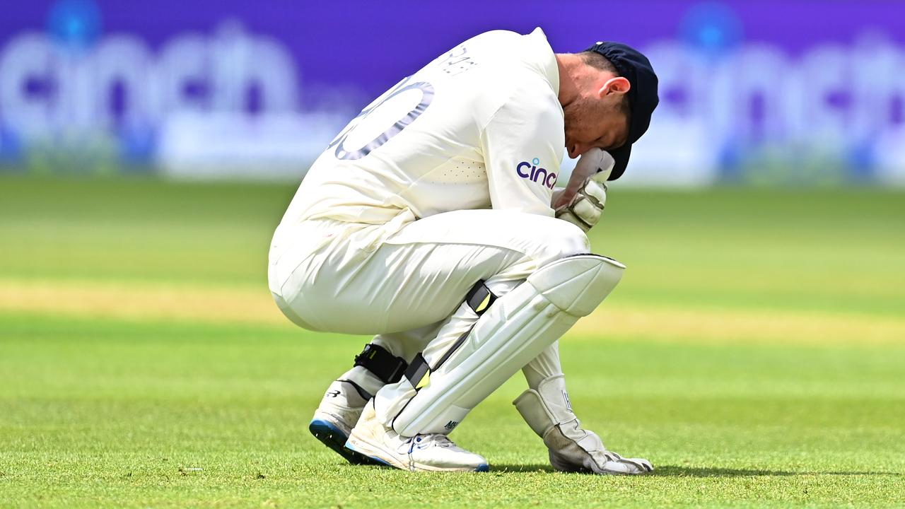 BIRMINGHAM, ENGLAND - JUNE 12: England Wicketkeeper James Bracey reacts during day three of the Second Test match between England and New Zealand at Edgbaston on June 12, 2021 in Birmingham, England. (Photo by Clive Mason/Getty Images)