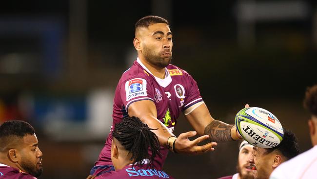 Reds forward Lukhan Salakaia-Loto can’t handle the ball in his side’s 22-20 loss to the Brumbies last month. Picture: Mark Nolan/Getty Images