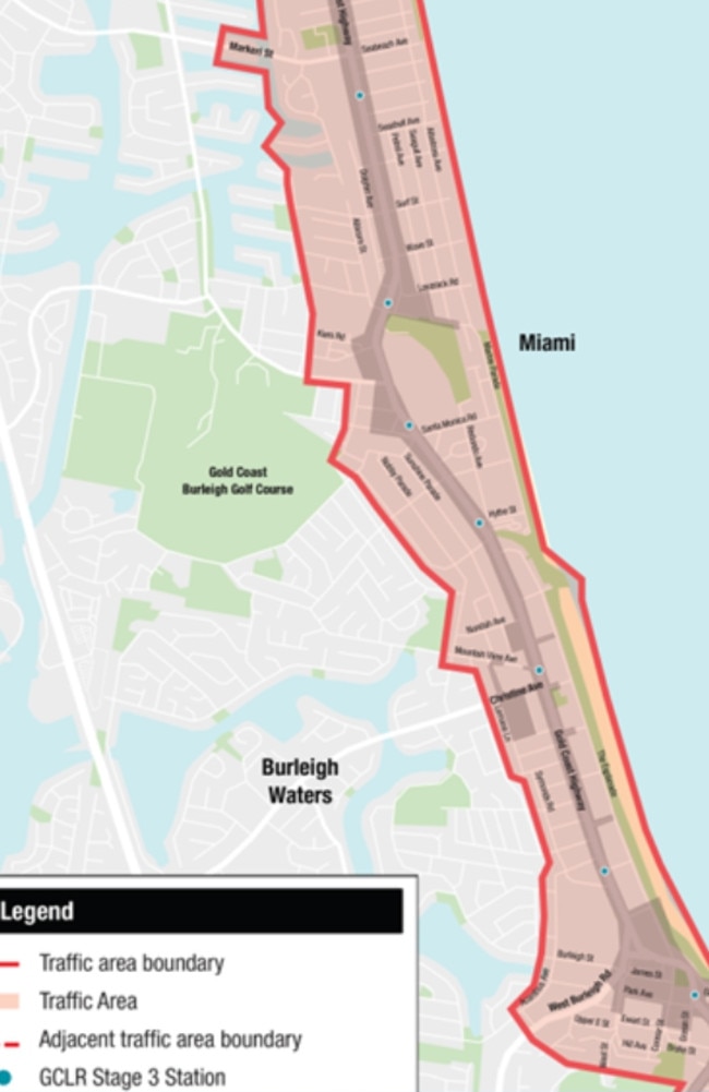 Light Rail Stage 3 proposed parking zones which will limit parking for three hours from Broadbeach to Burleigh.