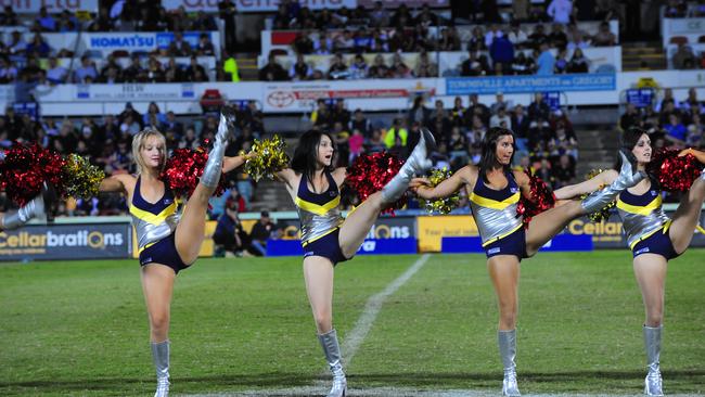 Genesis Spirit Cheerleaders perform for the crowd at Dairy Farmers Stadium before the North Queensland Cowboys and Sydney Roosters match in Townsville.