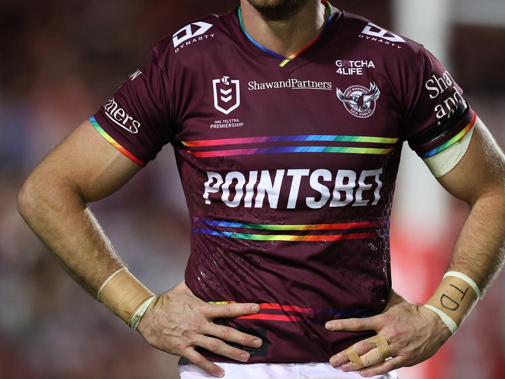 The Manly Sea Eagles rainbow pride jersey of 2022 that Hasler says cost him any hope of a job extension. Picture: Cameron Spencer/Getty Images