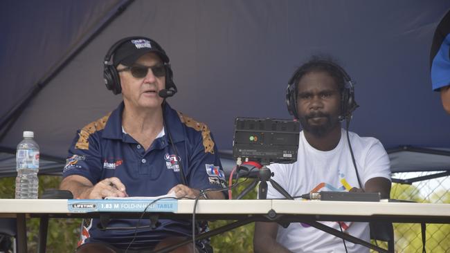 Commentators Stuart Davis and Dion Aputimi calling the Tiwi Island Football League grand final between Tuyu Buffaloes and Pumarali Thunder. Picture: Max Hatzoglou