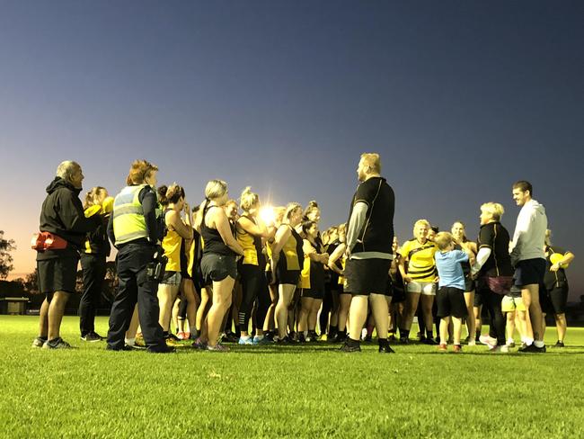 Brisbane Lions champion Jonathan Brown takes Seaford Tigerettes training.