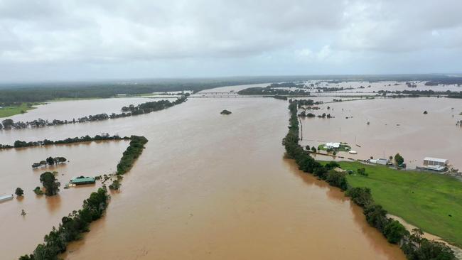 Aerial images over Sancrox near Port Macquarie areas as floodwaters rising. Picture: Luke Bullus