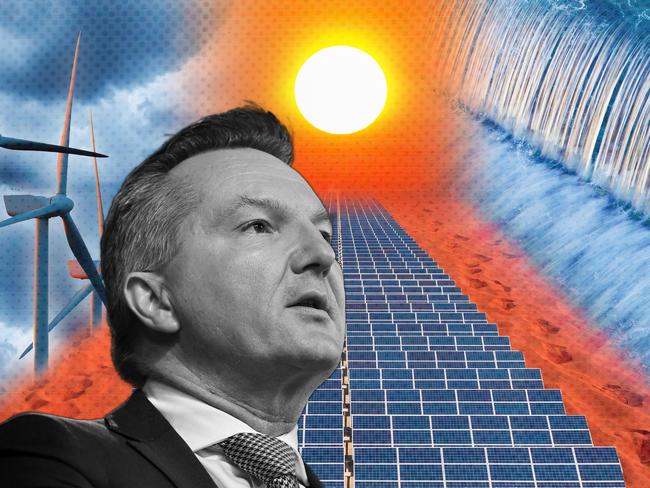 15 November 2024; A photo comp of wind power, solar power and hydro power with Chris Bowen overlayed at the front in black and white. Collage by Emilia Tortorella. Sources: iStock and supplied. Ratio 4:3. FOR PRINT.