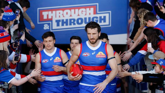 Western Bulldogs player Marcus Bontempelli leads his team on to the field during the match against GWS in Ballarat. Photo by Dylan Burns/AFL Photos via Getty Images