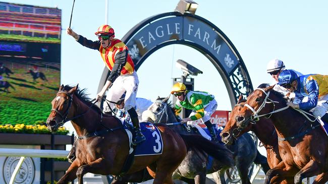 Kyle Wilson-Taylor when scoring his first Group 1 on Palaisipan in the Group 1 Tatt’s Tiara last year. Picture: Grant Peters / Trackside Photography.