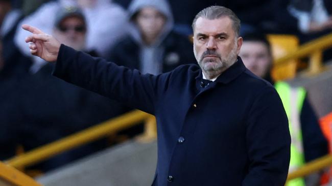 Tottenham Hotspur's Greek-Australian Head Coach Ange Postecoglou gestures on the touchline during the English Premier League football match between Wolverhampton Wanderers and Tottenham Hotspur at the Molineux stadium in Wolverhampton, central England on November 11, 2023. (Photo by Darren Staples / AFP) / RESTRICTED TO EDITORIAL USE. No use with unauthorized audio, video, data, fixture lists, club/league logos or 'live' services. Online in-match use limited to 120 images. An additional 40 images may be used in extra time. No video emulation. Social media in-match use limited to 120 images. An additional 40 images may be used in extra time. No use in betting publications, games or single club/league/player publications. /