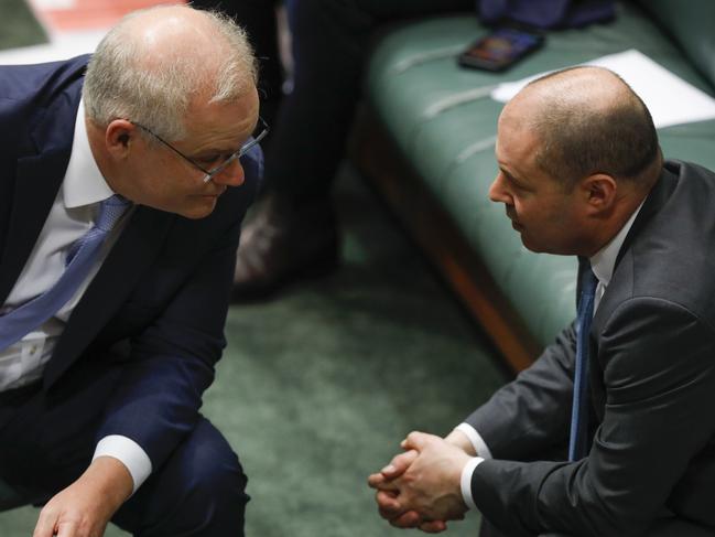 Prime Minister Scott Morrison and Treasurer Josh Frydenberg during Question Time at Parliament House in Canberra. Picture by Sean Davey.