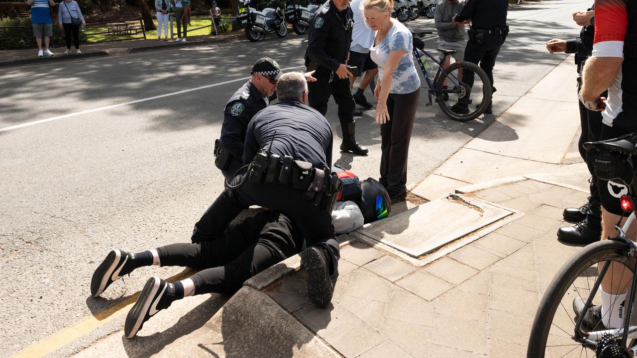 The motorcyclist crashed into a stationary amateur cyclist. Picture: Morgan Sette