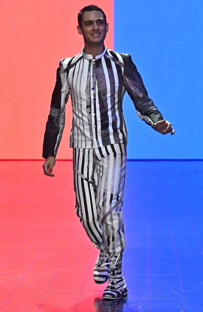 Jordan Gogos thanks the audience following the Jordanes Spyridon Gogos show at Australian Fashion Week 2025 at Carriageworks on May 15. Picture: James Gourley/Getty Images