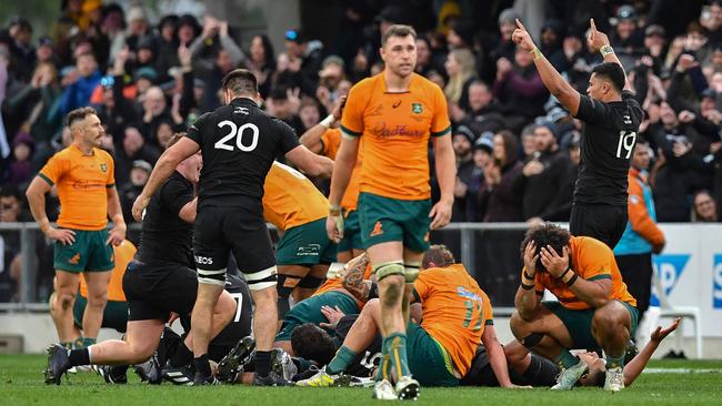 New Zealand players celebrate after winning the Bledisloe Cup yet again at Forsyth Barr Stadium in Dunedin in 2023. Photo by Sanka Vidanagama / AFP