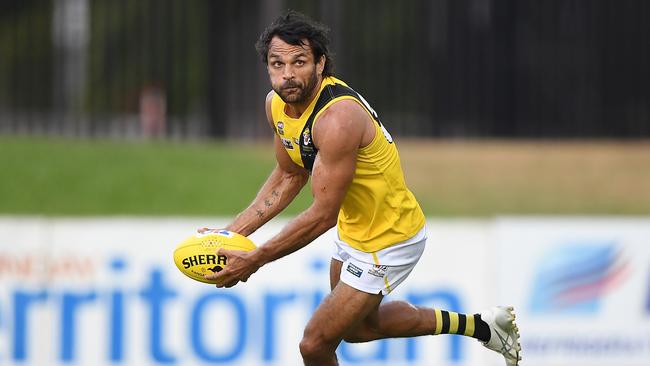 Shaun Wilson of Nightcliff Tigers kicked two goals against Wanderers in round 3 of the NTFL Picture Felicity Elliott AFLNT