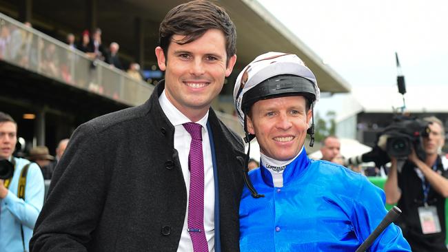 James Cummings and Kerrin McEvoy after Trekking won the Stradbroke handicap. Picture: Trackside Photography