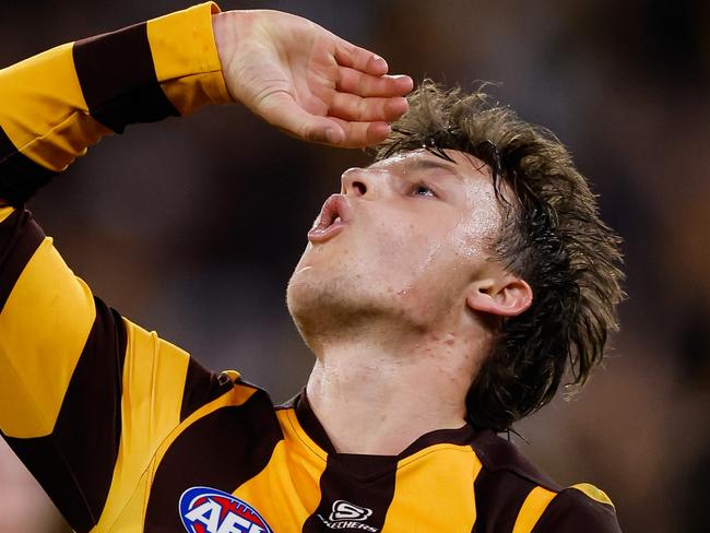 MELBOURNE, AUSTRALIA - SEPTEMBER 06: Jack Ginnivan of the Hawks celebrates a goal during the 2024 AFL Second Elimination Final match between the Western Bulldogs and the Hawthorn Hawks at The Melbourne Cricket Ground on September 06, 2024 in Melbourne, Australia. (Photo by Dylan Burns/AFL Photos via Getty Images)