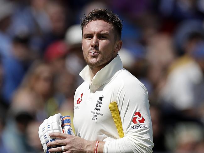 BIRMINGHAM, ENGLAND - AUGUST 05: Jason Roy of England spits after he was dismissed by Nathan Lyon of Australia during day five of the 1st Specsavers Ashes Test between England and Australia at Edgbaston on August 05, 2019 in Birmingham, England. (Photo by Ryan Pierse/Getty Images)