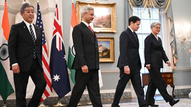 Japanese Foreign Minister Iwaya Takeshi, left, with Indian Foreign Minister Subrahmanyam Jaishankar, US Secretary of State Marco Rubio and Australian Foreign Minister Penny Wong in Washington this week. Picture: Andrew Caballero-Reynolds/AFP