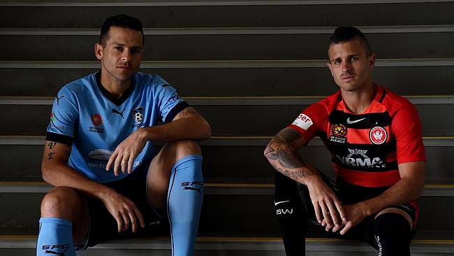 Nicolás Martínez of the Western Sydney Wanderers (right) and Bobo of Sydney FC.