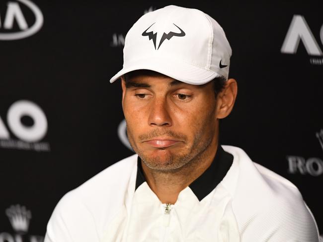 Rafael Nadal of Spain speaks at a press conference after being defeated by Roger Federer of Switzerland in the Mens Singles Final of the Australian Open.