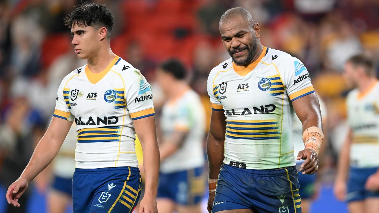 BRISBANE, AUSTRALIA - AUGUST 23: Maika Sivo of the Eels looks dejected during the round 25 NRL match between Brisbane Broncos and Parramatta Eels at Suncorp Stadium, on August 23, 2024, in Brisbane, Australia. (Photo by Matt Roberts/Getty Images)