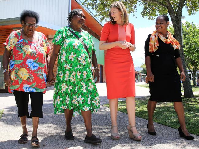 Communities Minister Shannon Fentiman is joined by members of the Torres Strait community, (from left) Rose Elu (Elder), Ivy Trevallion (Elder), and ALP Candidate for Cook Cynthia Lui to make the announcement. Picture: Justin Brierty