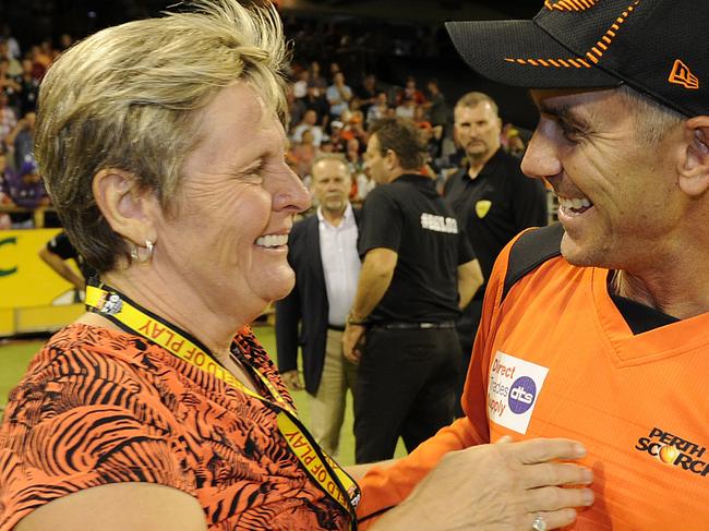 SPORT - The Big Bash League grand final between Perth Scorchers and Hobart Hurricanes. PICTURED- CEO Christina Matthews and coach Justin Langer