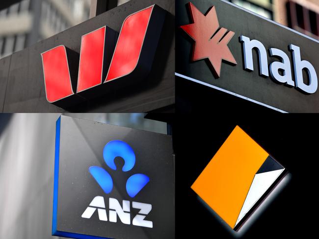 A composite image of signage of Australia's 'big four' banks ANZ, Westpac, the Commonwealth Bank (CBA) and the National Australia Bank (NAB) signage in Sydney, Saturday, May 5, 2018. (AAP Image/Joel Carrett) NO ARCHIVING