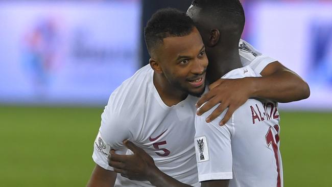 Almoez Ali celebrates Qatar’s victory with a teammate. Picture: Getty Images.