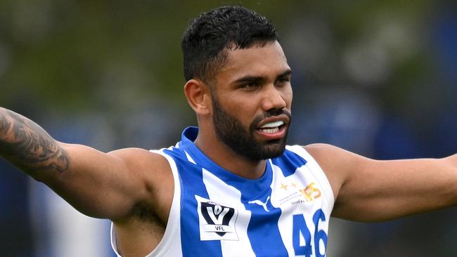 MELBOURNE, AUSTRALIA - MARCH 18: Tarryn Thomas of the Kangaroos stands on the mark during the VFL Practice Match between North Melbourne and Williamstown at Arden Street Ground on March 18, 2023 in Melbourne, Australia. (Photo by Morgan Hancock/Getty Images)