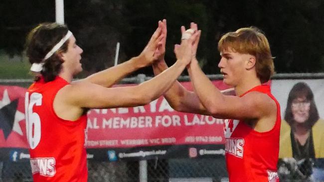 MELBOURNE, AUSTRALIA - NCA NewsWire Photos - Saturday, 20 April 2024: Young Guns players Lachie McArthur and Oskar Smartt during the Young Guns versus Vic Metro 2024 Young Guns Series match at Avalon Airport Oval, Werribee, on April 20. Picture: NCA NewsWire / Blair Jackson