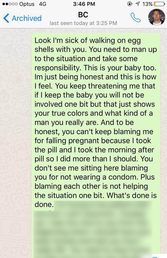 A text message from Miss X to Cartwright.