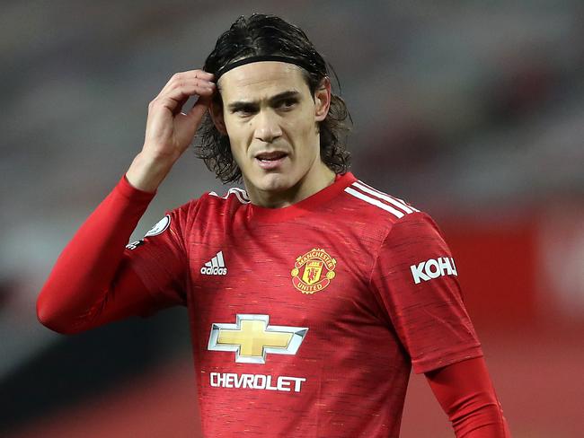 MANCHESTER, ENGLAND - DECEMBER 29: Edinson Cavani of Manchester United looks on during the Premier League match between Manchester United and Wolverhampton Wanderers at Old Trafford on December 29, 2020 in Manchester, England. The match will be played without fans, behind closed doors as a Covid-19 precaution. (Photo by Martin Rickett - Pool/Getty Images)