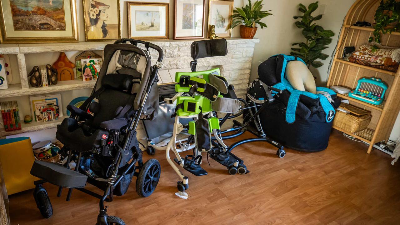 L-R: Cassian’s wheelchair, walking aide and supportive chair. Picture: Tom Huntley