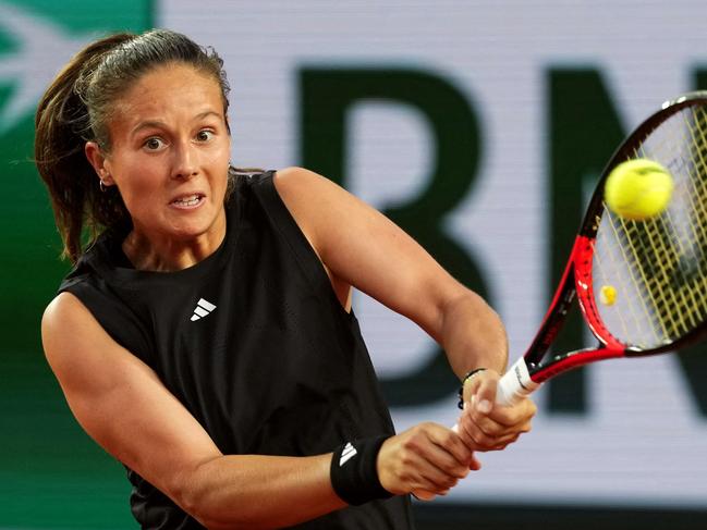 Russia's Daria Kasatkina plays a backhand return to France's Leolia Jeanjean during their women's singles match on day 5 of the French Open tennis tournament on Court Suzanne-Lenglen at the Roland-Garros Complex in Paris on May 29, 2025. (Photo by Dimitar DILKOFF / AFP)