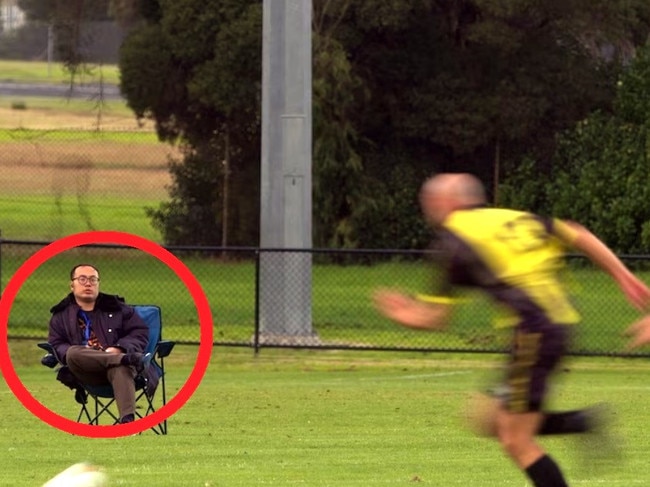 A data scout watching a local football match. Photo: ABC, Four Corners: Craig Hansen.