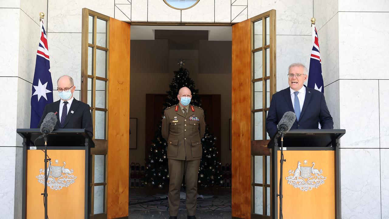 Professor Paul Kelly with Prime Minister Scott Morrison and Lieutenant General John Frewen, Picture: NCA NewsWire / Gary Ramage