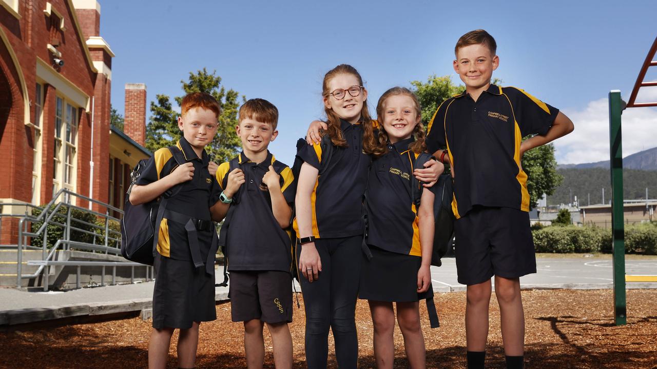 Dominic McShane 8 grade 3 with twin brother Aaron McShane 8 grade 3, sisters Ella Bain 10 grade 5 and Juliet Bain 7 grade 2 and Travis McShane 11 grade 6 who will all head back to school at Campbell Street Primary School. Back to school for 2025. Picture: Nikki Davis-Jones