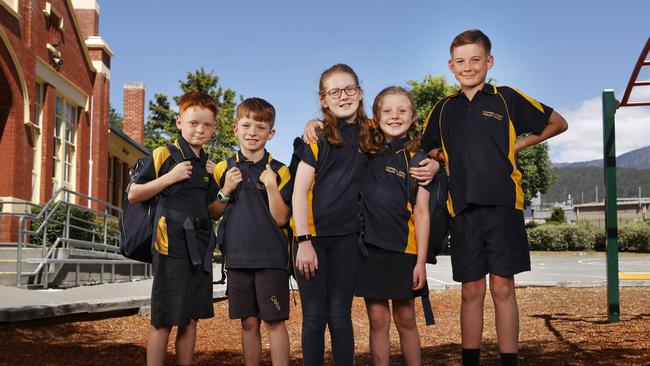 Dominic McShane 8 grade 3 with twin brother Aaron McShane 8 grade 3, sisters Ella Bain 10 grade 5 and Juliet Bain 7 grade 2 and Travis McShane 11 grade 6 who will all head back to school at Campbell Street Primary School. Back to school for 2025. Picture: Nikki Davis-Jones