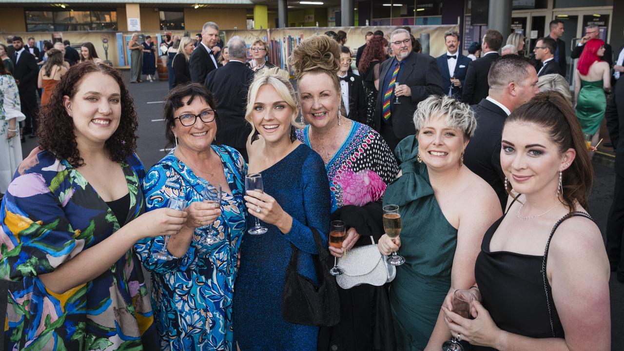 Representing Hey Marketing and Ink and Think are (from left) Perri Adkins, Liz Riehl, Maddie Riehl, Lesley Alexander, Shelley Burchett and Jane Dodds at the Focus HR Business Excellence Awards 2023 hosted by Toowoomba Chamber at Rumours International, Saturday, October 21, 2023. Picture: Kevin Farmer