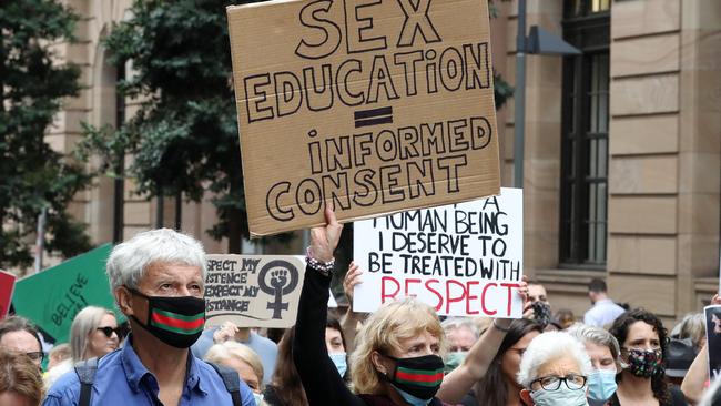 Participants in the March 4 Justice rally walking through the streets of Brisbane. Photographer: Liam Kidston.